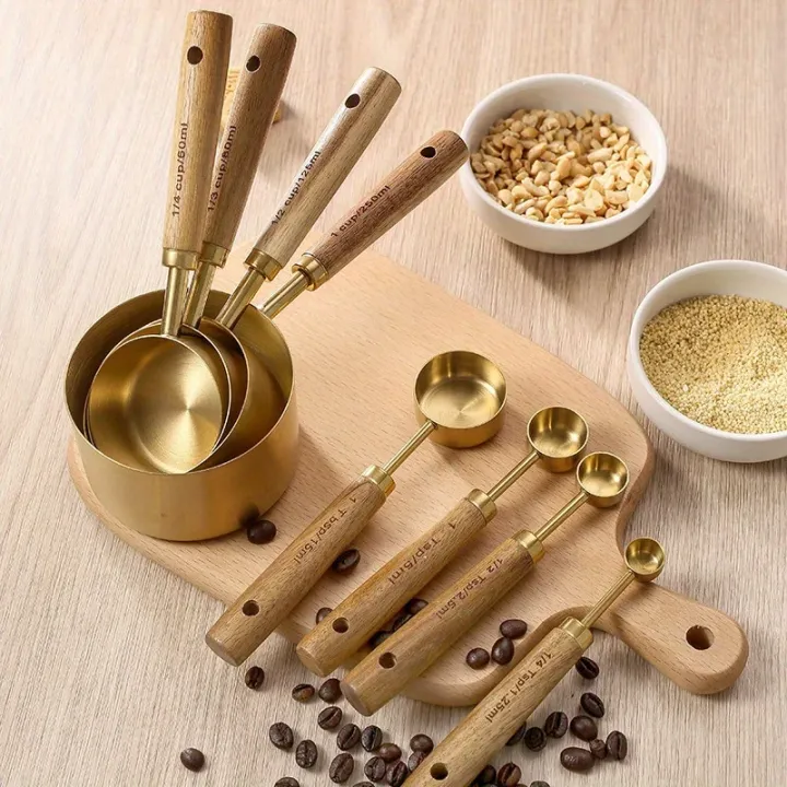 4/8Pcs Stainless Steel Measuring Cups Spoons Wooden Handle Baking Tools ...