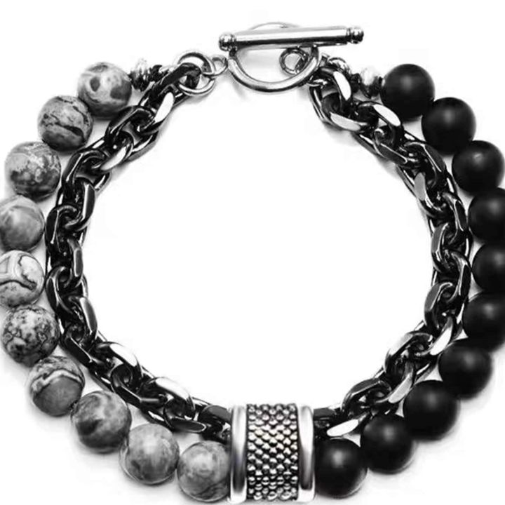 1%20Piece%20Punk%20Simple%20Temperament%20Black%20Beaded%20Chain%20with%20Natural%20Stone%20Beaded%20Chain%20Bracelets%20MEN'S%20FASHION%20Items%20Holiday%20Travel%20-%20Image%203