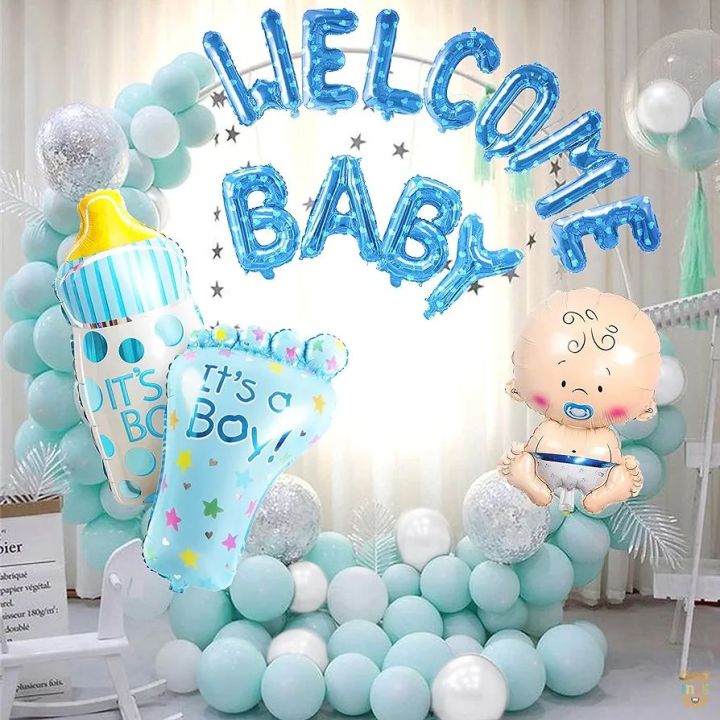 Welcome baby blue and pink color theme 44 pcs for boys feeder,baby boy with balloons for home and out door decoration gifts for mama