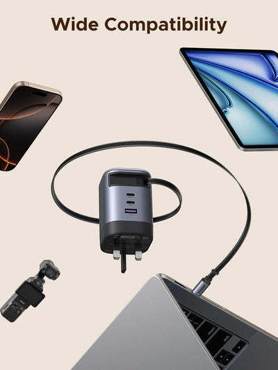 UGREEN 100W USB C Charger Nexode GaN Fast Wall Charger 2C1A, with Built-in Retractable Cable, (0.75m), Plug UK, for MacBook Pro/Air, iPhone 16/15, iPad, Galaxy S25/S24, etc