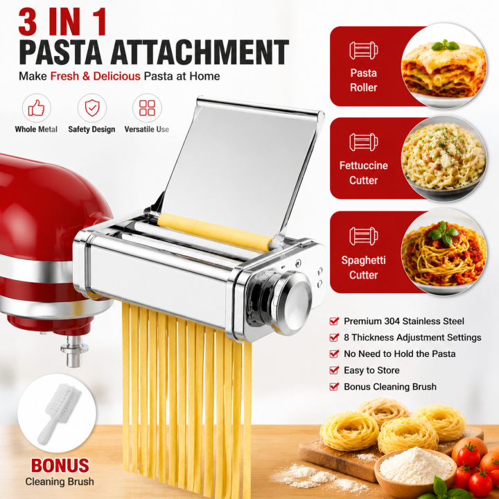 Gvode 3 in 1 Pasta Attachment for Kitchenaid Stand Mixer Pasta Sheet Roller Spaghetti Cutter ettuccine Cutter Maker Accessories