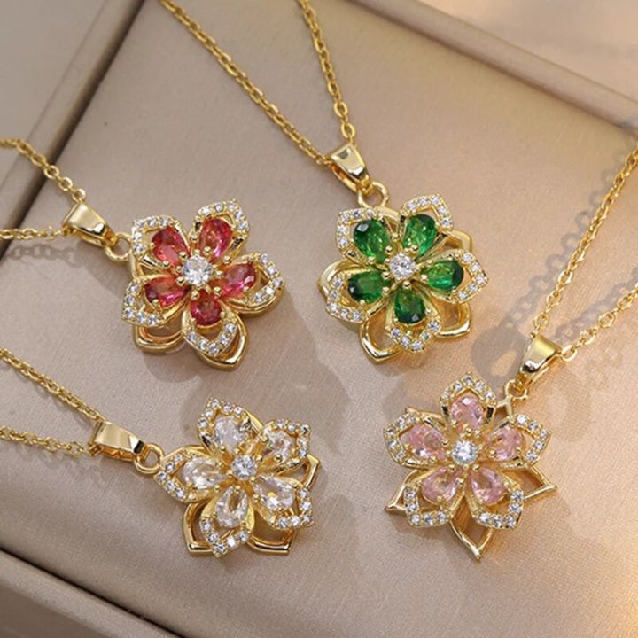 Light Luxury Spin Zircon Flower Pendant Necklace for Women Gold Color Quality High Sense Chain Necklaces Party Jewelry s