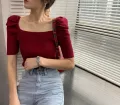 Puffy Sleeve Square Neck Knit Shirt for Women Teengirl Fitted Rib-Knit Pullover T-shirt Top Spring Summer Basic Outfit. 