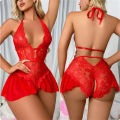 Sexy Crotchless Lingerie Women Lace Hollow Bodysuit Erotic Pajamas Teddy Babydoll Dress Deep V Open Bra Underwear Set. 