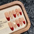 Handmade Press on Nails Shiny Cat Eye French Dot Grid Fake Nail Tips Women Girl Wearable Red New Year Sweet Korean False Nails. 