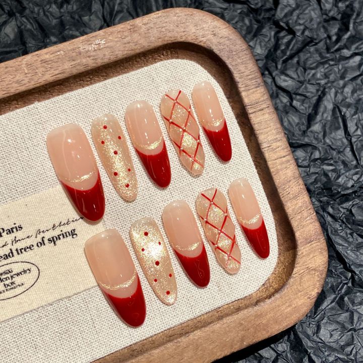 Handmade Press on Nails Shiny Cat Eye French Dot Grid Fake Nail Tips Women Girl Wearable Red New Year Sweet Korean False Nails