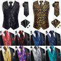 Hi-Tie Black Men Vest Paisley Jacquard Necktie Hankerchief Cufflinks Sets Male Sleeveless V-Neck Waistcoat Business Formal.