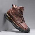 Men's Hand-Stitched Fashion Boots, Retro Lace-Up Mid-High Casual Shoes, Suitable for Spring and Autumn Daily Wear, Outdoor Hiking Boots, Comfortable Large-Size Men's Shoes.