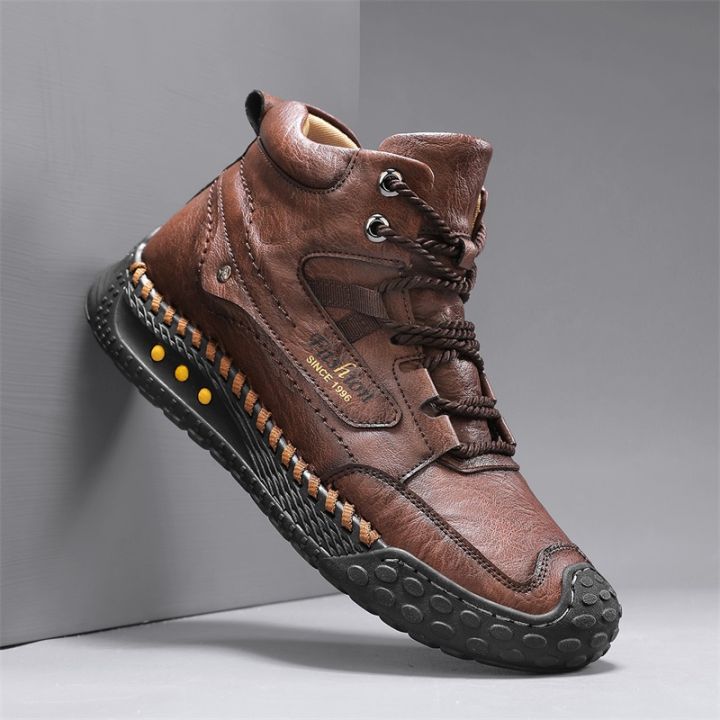 Men's Hand-Stitched Fashion Boots, Retro Lace-Up Mid-High Casual Shoes, Suitable for Spring and Autumn Daily Wear, Outdoor Hiking Boots, Comfortable Large-Size Men's Shoes