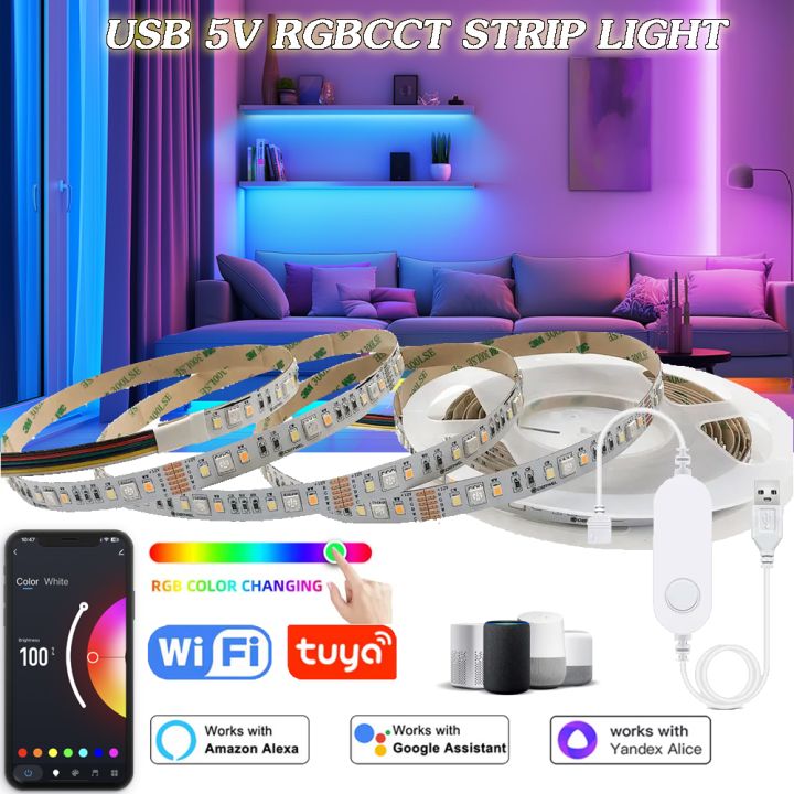 Tuya Wifi 5V USB LED Strip Lights 5050 RGBCCT Led Light Flexible Lamp Tape APP Control Room Party TV Desk Bedroom for 