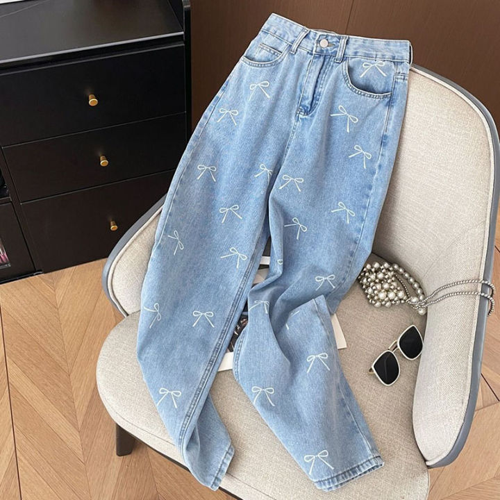 Zoki Fashion Bow Print Jeans Women High Waist Loose Sweet Casual Denim Pants Korean Chic All Match Female Fall Straight Pants