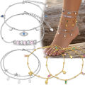 925 Sterling Silver Evil Eye Anklet For Women Boho Star Pearl Layered Ankle Bracelet Beach Jewelry. 