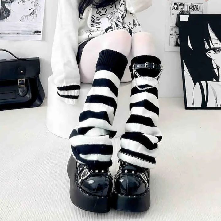 Gothic%20Women's%20Striped%20Leg%20Warmers%20Black%20White%20Lolita%20Long%20Socks%20Knitted%20Japanese%20Winter%20Socks%20Arm%20Ankle%20Warmers%20Wide%20Legs%20Cover%20-%20Image%207