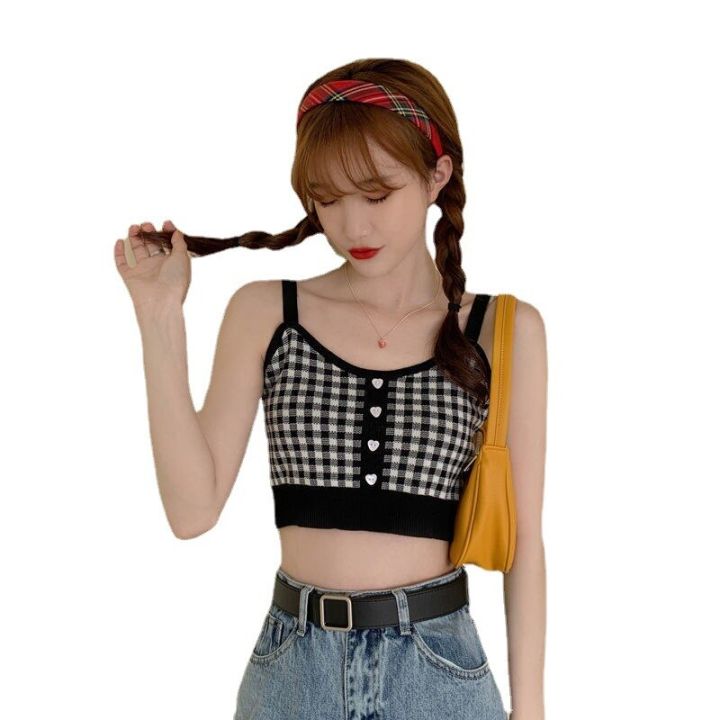 Summer New Fashion Women Plaid Crop Buttons Camis Knitting Cute Tank Tops Ladies Sleeveless Solid Crop Tops