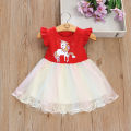 Girls' New Summer Little Flying Sleeve Cartoon Print Dress with Children's Patchwork Gradient Mesh Pengpeng Princess Dress. 