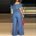 Plus Size 5xl Elegant Office Jumpsuits Women Long Denim Rompers 2024 Summer Casual Solid Color Ruffle Off Shoulder Overalls. 