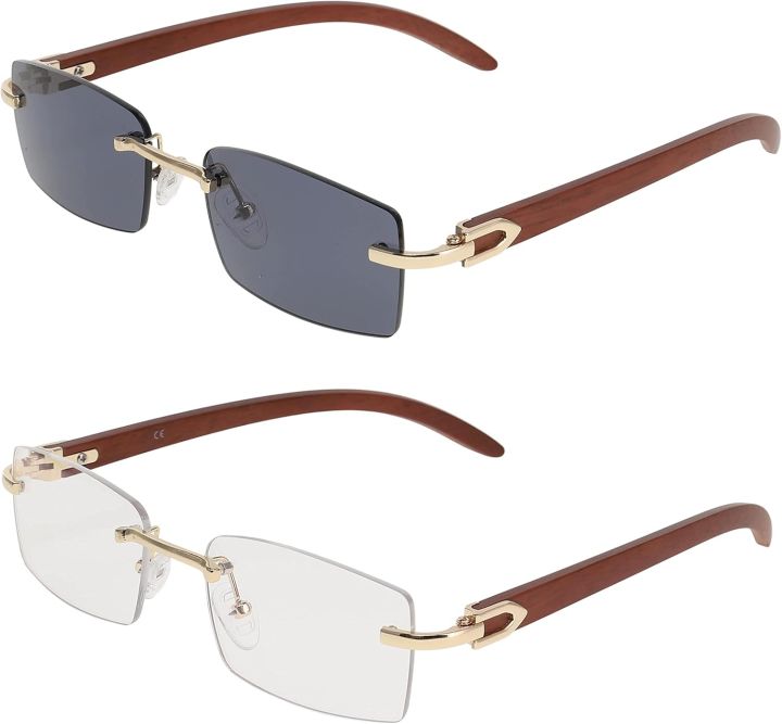 Style Luxe Rimless Rectangular FLAWLESS EYEWEAR Slim Rimless Rectangular Sunglasses with Metal Wood ...