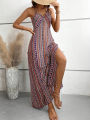 Women's Summer Ethnic Pattern Backless Split Thigh Dress Ladies Summer Clothes Boho Fashion Frill Trim Long Dress for Beach.