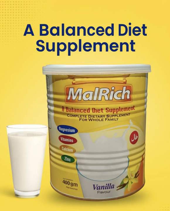 MalRich Balanced Diet Supplement Milk Powder for Healthy Weight Gain & Energy Boost – High-Calorie Nutrition with Carbohydrates, Proteins, Amino Acids & Calcium – Weight Gainer for Adults & Recovery Support – 400g