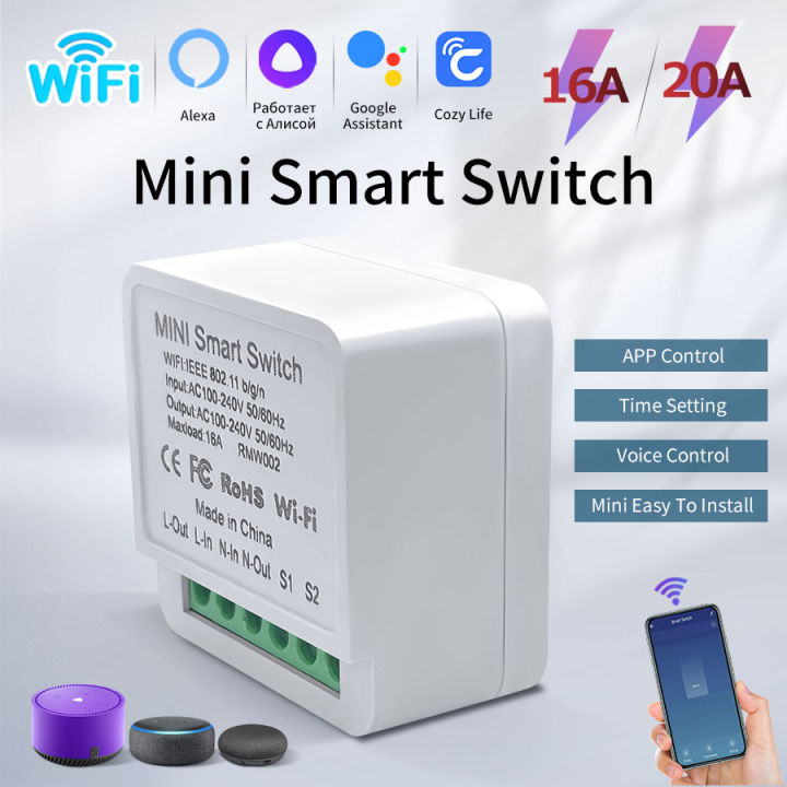 16A/20A WiFi Mini Smart Switch Module 2-way Control Cozy Life APP Remote Control for Alexa Home Automation Voice Control