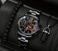 Luxury Black Stainless Steel Business Watch Deal For Men-Top Fashion Classic Round Dial Casual Watch+Natural Six Sided Oxyen Ston Nacklace+Black Natural Bead BracletFor Men/Boys Mens Fashion Watch Acessories Deal -Trendy Black Watch In Random Dial Design. 