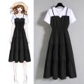 2024 Fashion Strap Fake Two piece Dress Block Summer Short sleeved Dress Women's Waist Tight Dress. 