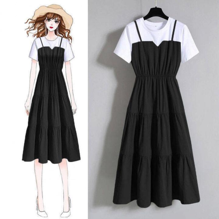 2024%20Fashion%20Strap%20Fake%20Two%20piece%20Dress%20Block%20Summer%20Short%20sleeved%20Dress%20Women's%20Waist%20Tight%20Dress%20-%20Image%205