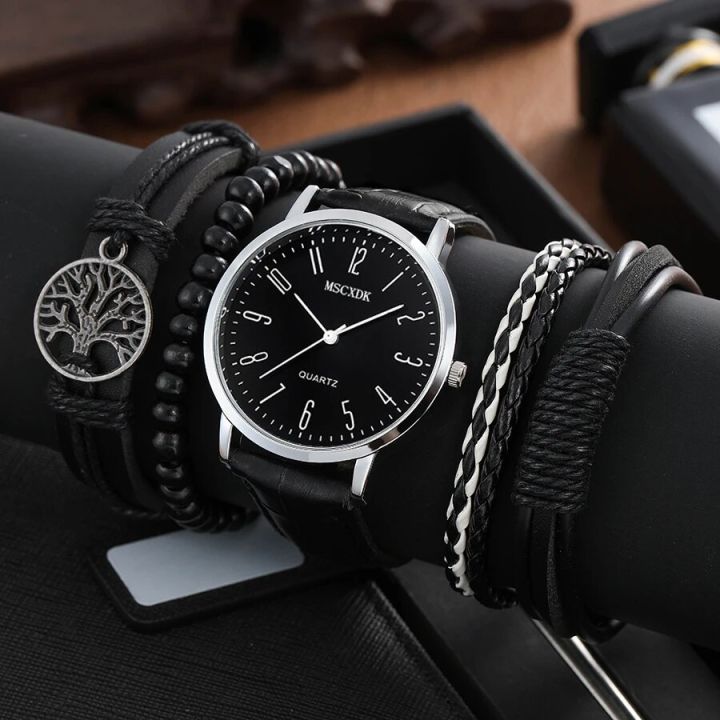 MSCXDK Brand 5pcs Black Quartz Watches Bracelet Men Business Casual Round Watch Life Tree PU Leather Bracelets Sets