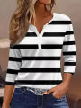 Ladies' striped and printed half-button placket large-size long-sleeved T-shirt, fashionable, elegant, casual, warm long-sleeved.