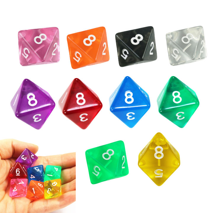 10Pcs D8 Transparent Color Dice Set, Plastic 8 Sided for Role Playing Board Games - Gaming Accessories