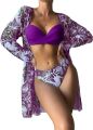 Swim Summer Beach Tropical Print Mesh Bikini Set Cross Wrap Push Up Bra Top 3 Pieces Bikini. 