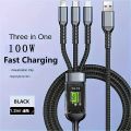 3-in-1 Multi-Port 100W USB Type-C Fast Charging Cable for iPhone, Xiaomi, Poco, Huawei, Samsung. 
