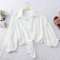 Casual Loose Hollow White Clothes Elegant Solid Color Tied Waist Blouse Women Summer Bat Half Sleeve Button Chiffon Shirt 9776. 