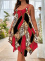 Plus-size women's fashion asymmetrical geometric stripes printed double strap dress.