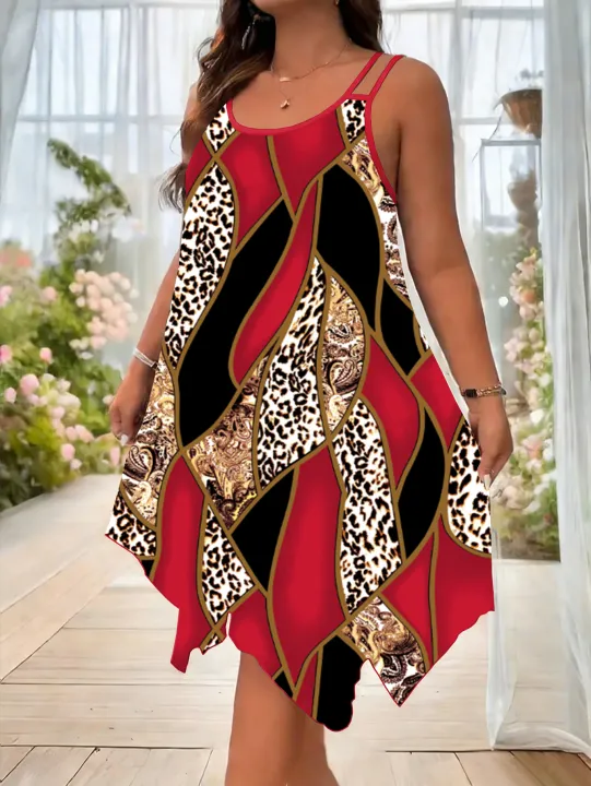 Plus-size%20women's%20fashion%20asymmetrical%20geometric%20stripes%20printed%20double%20strap%20dress%20-%20Image%202