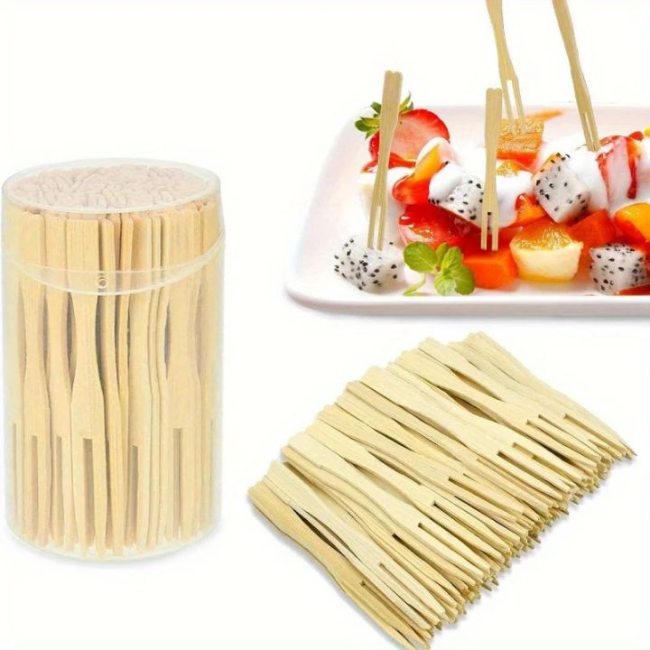 100pcs/500pcs Bamboo Fruit Fork Disposable - 9Cm/3.54In, Disposable Double Prong Fruit Cocktail Forks