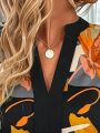 Plus Size 1XL-5XL New Women Spring/Summer Fashion Contrast Printed V-neck Long Sleeved Shirt Ladies Casual Commuter Shirt.