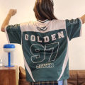 2026 New Women's Spring/Summer Y2K Fashion Casual Golden 97 Mesh Jersey Oversized Breathable Speed Drying Sports T-shirt. 