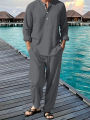 New Long Sleeve Henley Shirt Pants Suit Men Lightweight Breathable Streetwear Solid Color Business Button Polo Shirts Long Pants. 