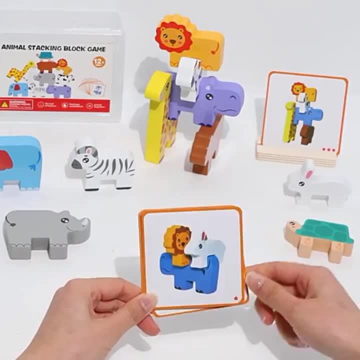 Wooden Animal Stacking Block Game Shape Matching Puzzle Balance Toy Montessori Fine Motor Training Educational Toys For Children