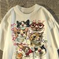 American Retro Fun Cartoon Cat Print Short-sleeved T-shirt Women's Summer Loose Top T-shirt Graphic T Shirts Women Clothing Y2K. 