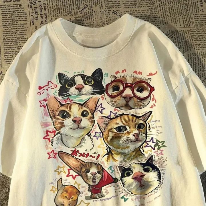 American Retro Fun Cartoon Cat Print Short-sleeved T-shirt Women's Summer Loose Top T-shirt Graphic T Shirts Women Clothing Y2K