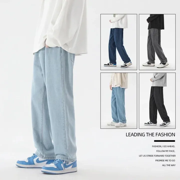 Korean Fashion Men's Baggy Jeans Classic All-match Solid Color Straight-leg Casual Denim Wide-leg Pants Male Light Blue Black