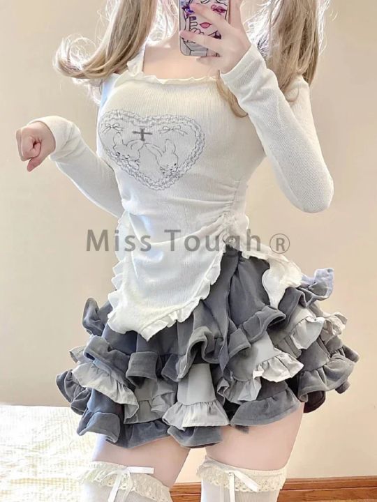 Autumn%20Japanese%20Kawaii%20Two%20Piece%20Set%20Women%20Sweet%20Rabbit%20Print%20Cute%20Skirt%20Suit%20Female%20Korean%20Slim%20Tops%EF%BC%8BPrincess%20Cake%20Skirt%202024%20-%20Image%204