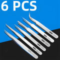6pcs Stainless Steel Tweezers Excellent Quality Anti-static Slot Nipper Forceps Nail Tool Picking Multi-purpose Sharp Head. 