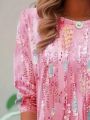 Women's Plus Size 1XL-5XL Fashion Quarter Sleeved Round Neck T-shirt Ladies Casual Top Spring Summer  Fashionable T-shirt. 