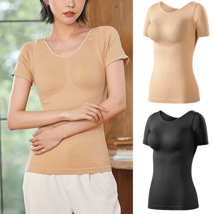 Women Slimming Shirts Shapewear Waist Trainer Tummy Control Body Shaper Shaping Tank Tops Underwear Compression Short Sleeves