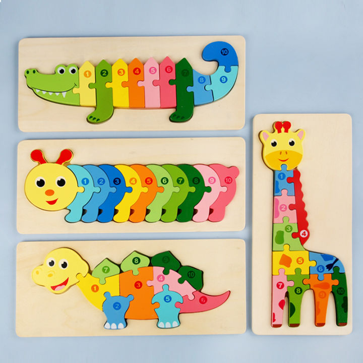 Wooden Puzzles for Kids 3D Montessori Cartoon Animals Cognitive Jigsaw Puzzle Early Learning Tangram Toy for Children 