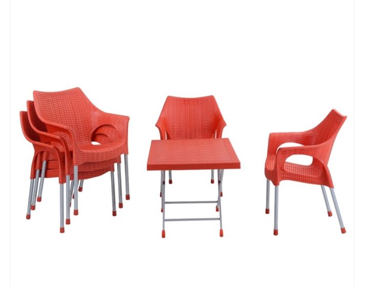 Set of 6 Rattan plastic chair 1 plasstic and steel folding table Heavy weigh