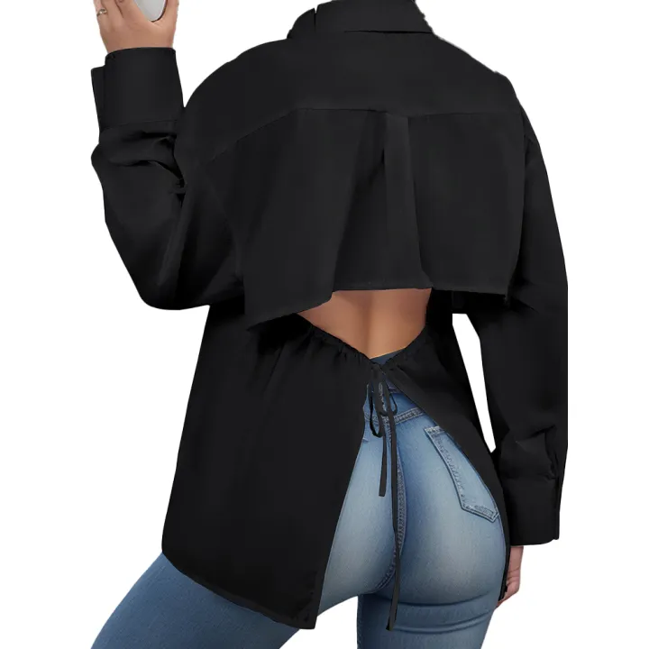 Plus%20Size%20Women's%20Crop%20Top%20Shirt%20Elegant%20Women's%20Tie-Front%20Long-Sleeved%20Shirt%20Solid%20Colour%20Suitable%20for%20Autumn%20-%20Image%202